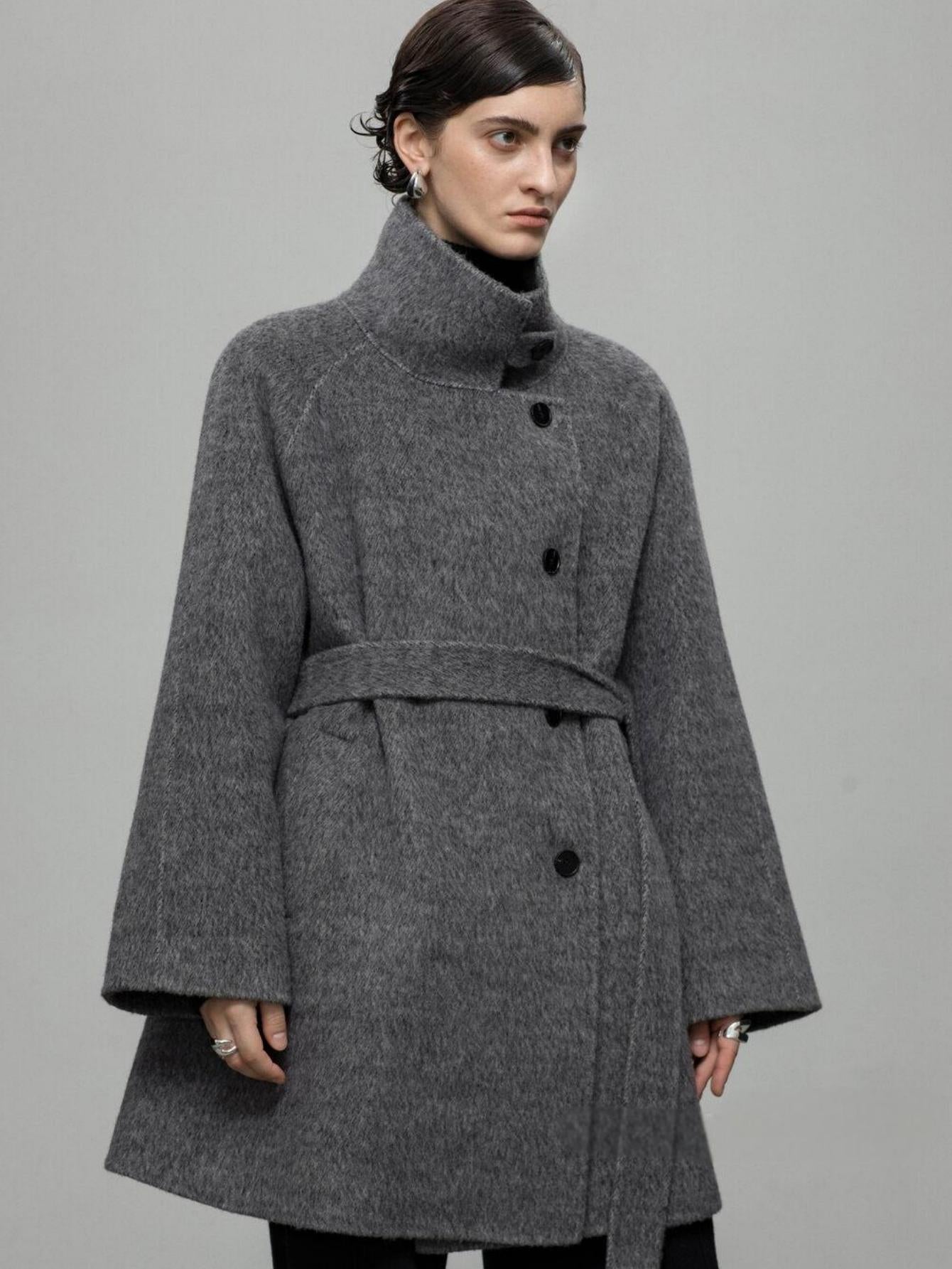 High-End Mid-Length Wool Coat with Waist Belt