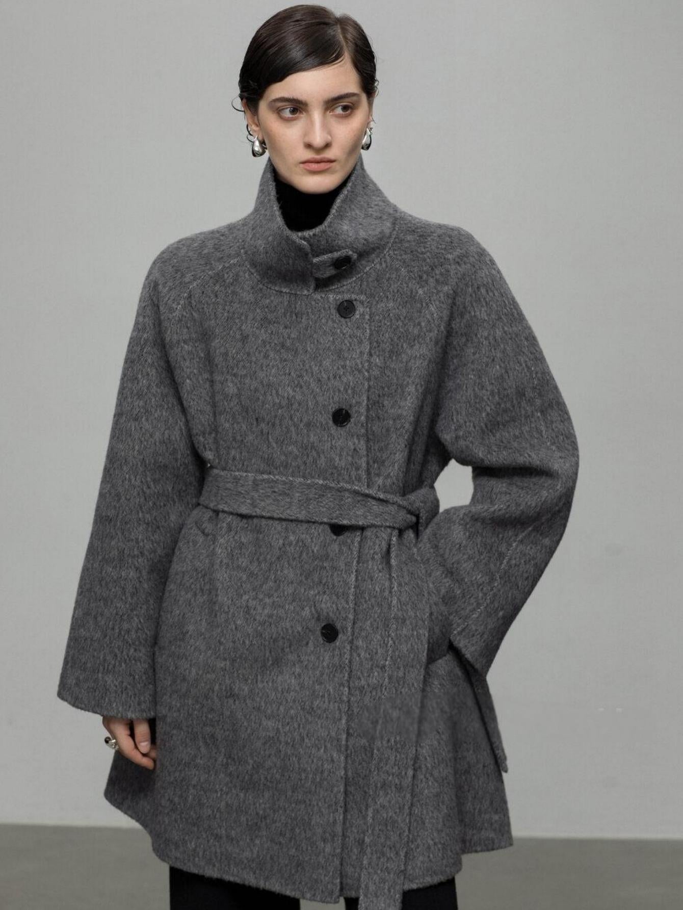 High-End Mid-Length Wool Coat with Waist Belt