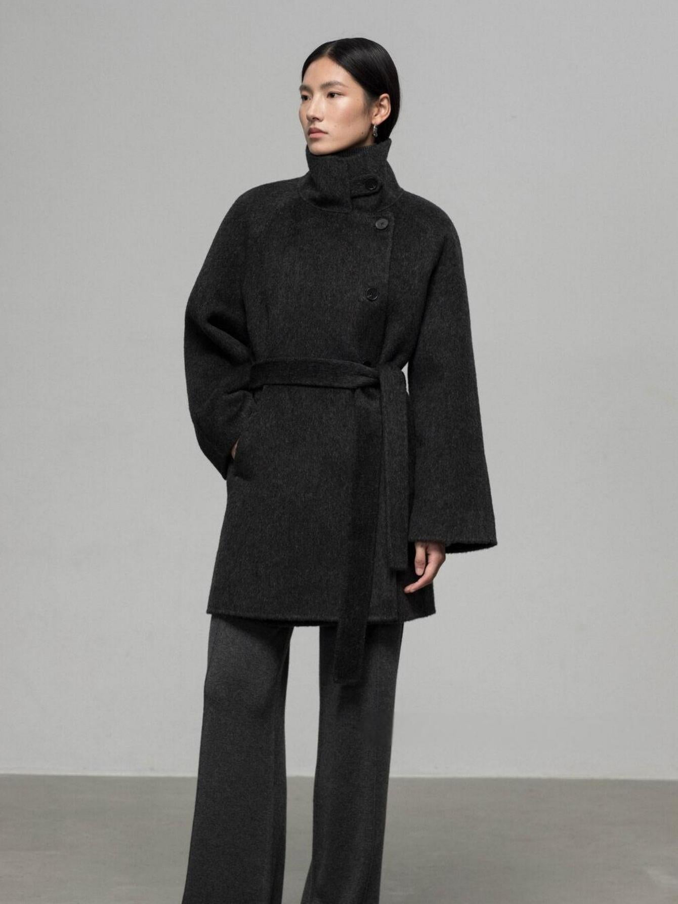 High-End Mid-Length Wool Coat with Waist Belt