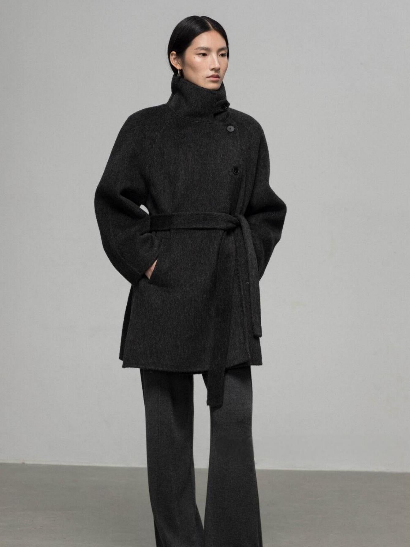 High-End Mid-Length Wool Coat with Waist Belt