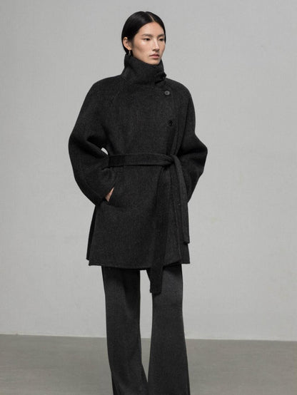 High-End Mid-Length Wool Coat with Waist Belt