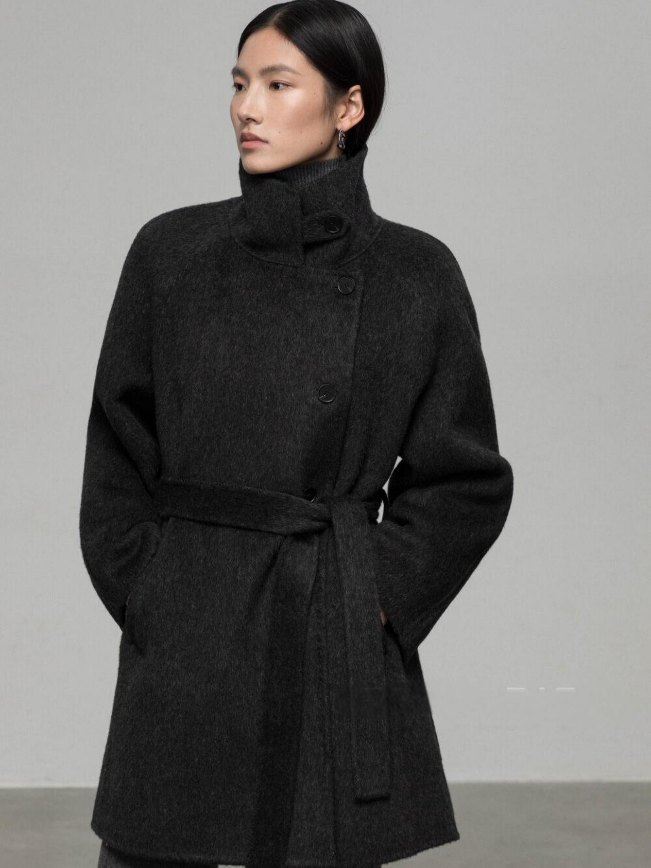 High-End Mid-Length Wool Coat with Waist Belt