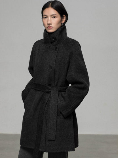 High-End Mid-Length Wool Coat with Waist Belt