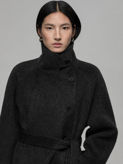 High-End Mid-Length Wool Coat with Waist Belt