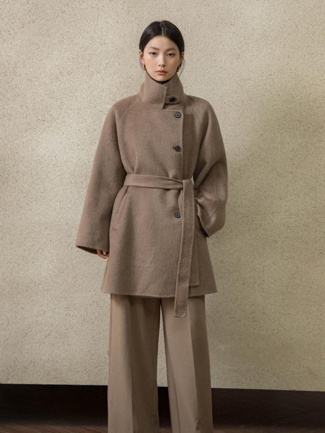 High-End Mid-Length Wool Coat with Waist Belt