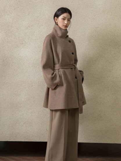 High-End Mid-Length Wool Coat with Waist Belt