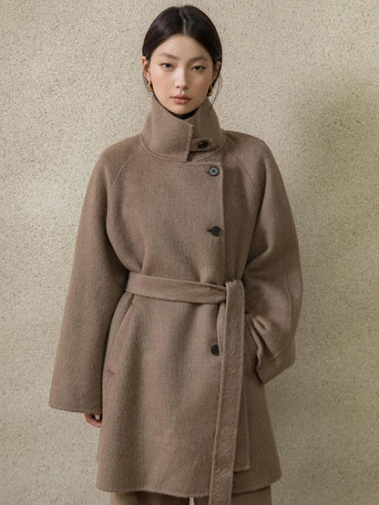 High-End Mid-Length Wool Coat with Waist Belt