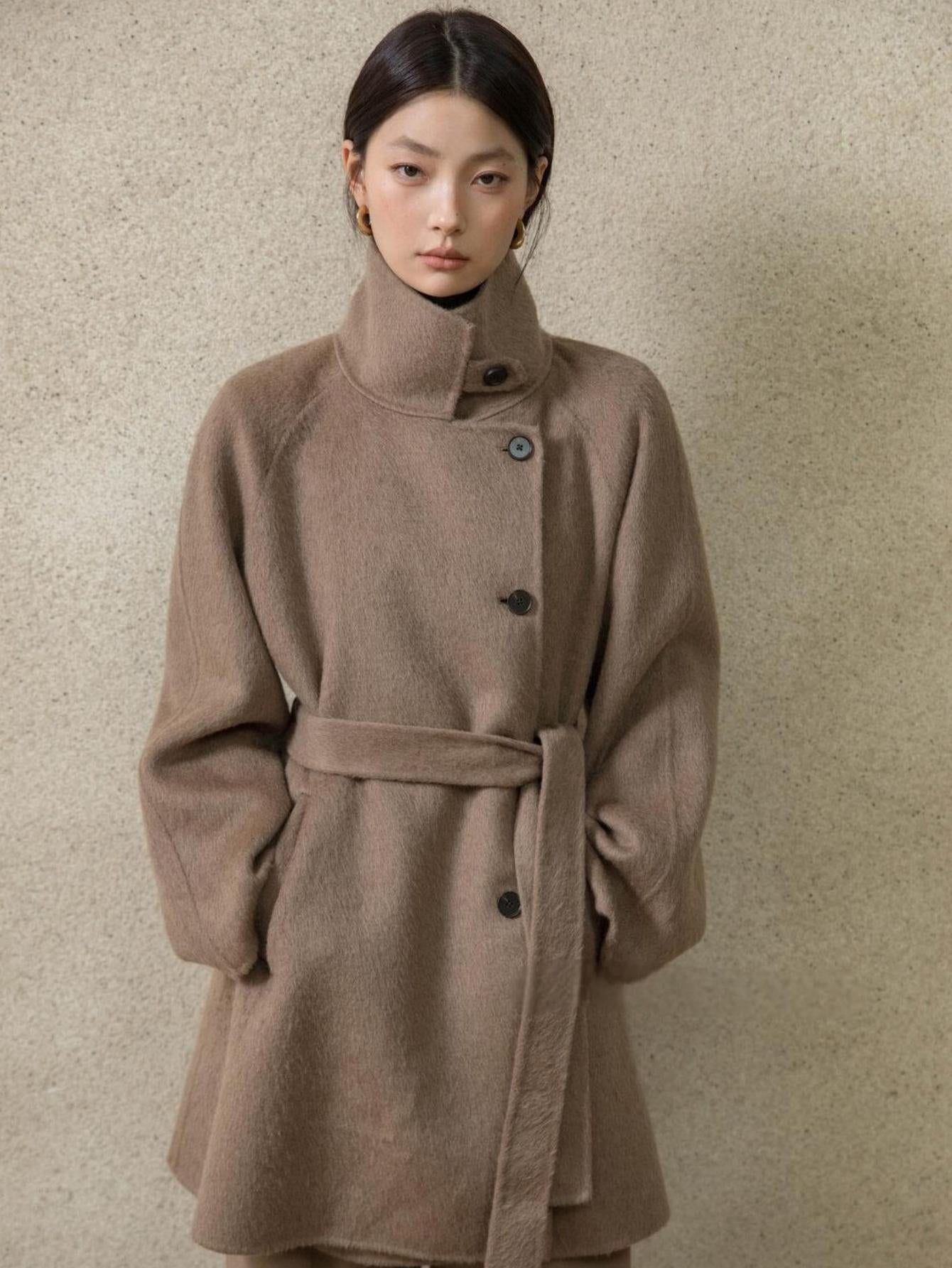 High-End Mid-Length Wool Coat with Waist Belt