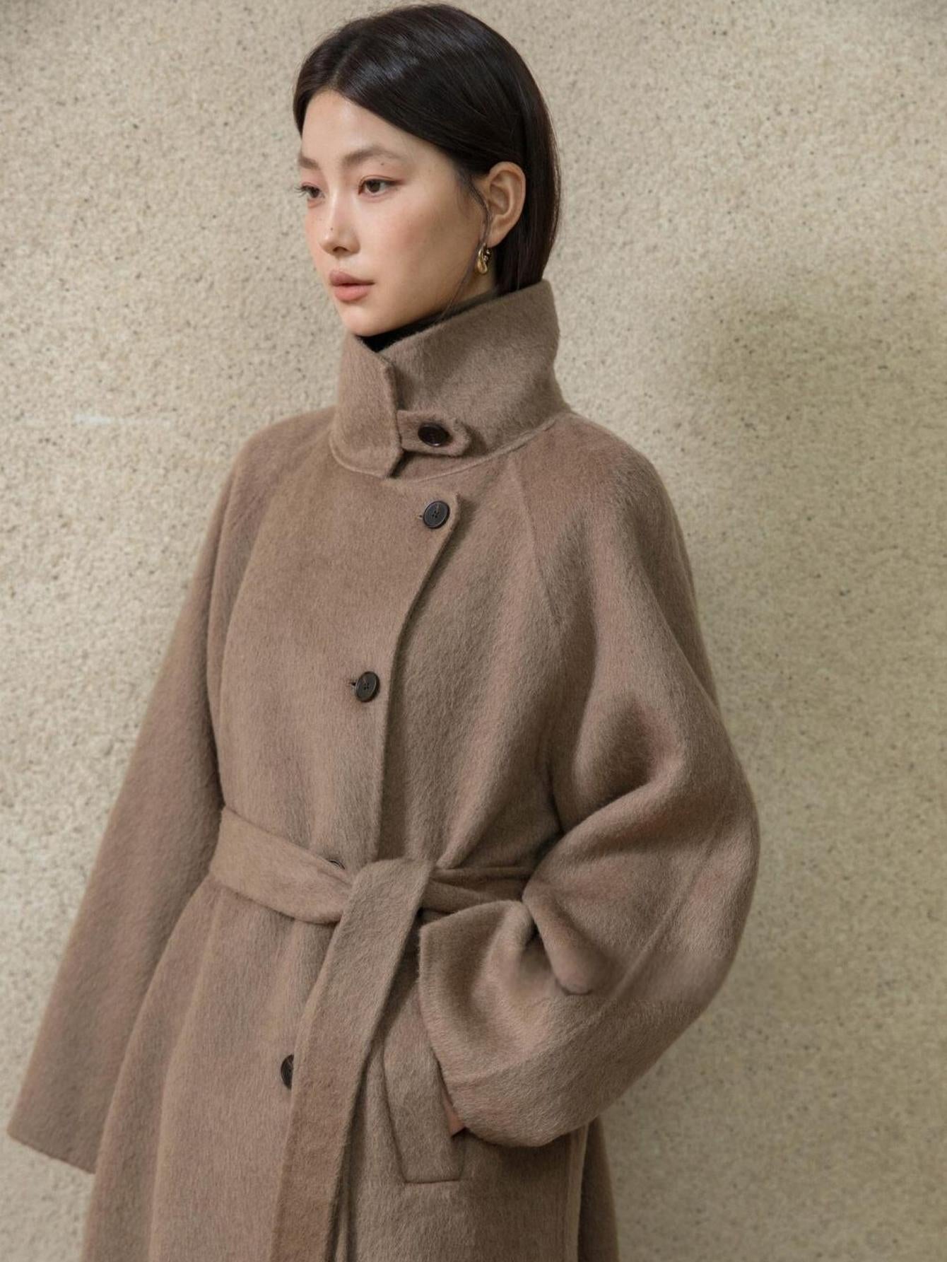 High-End Mid-Length Wool Coat with Waist Belt