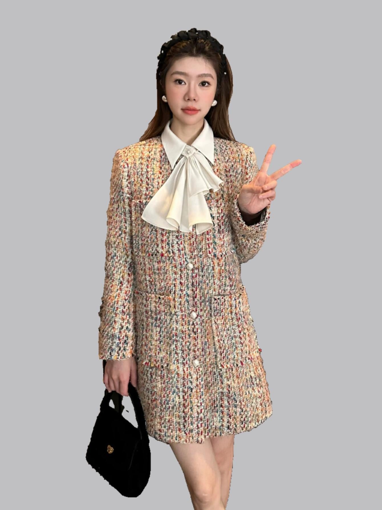 Colorful Woven Tweed Jacket Dress with Tie and Elegant Collar