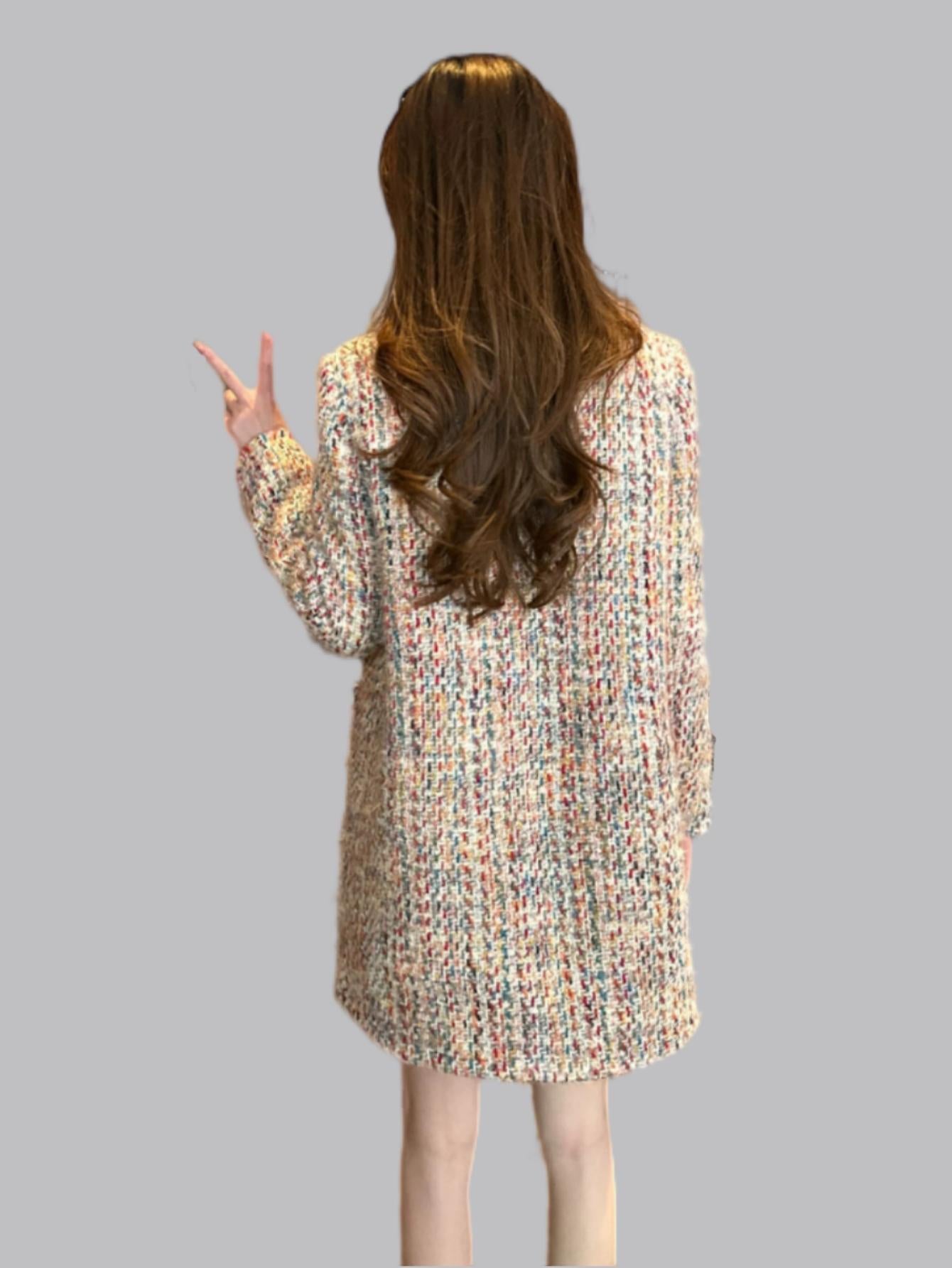 Colorful Woven Tweed Jacket Dress with Tie and Elegant Collar