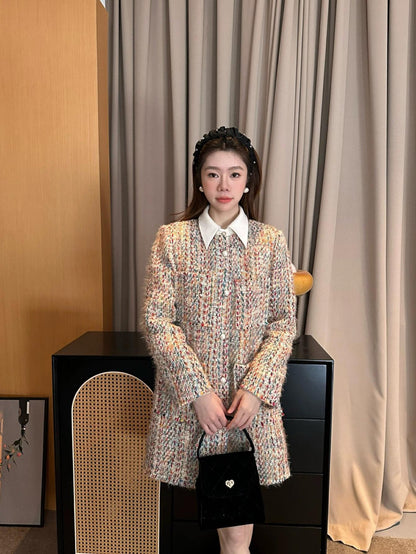 Colorful Woven Tweed Jacket Dress with Tie and Elegant Collar