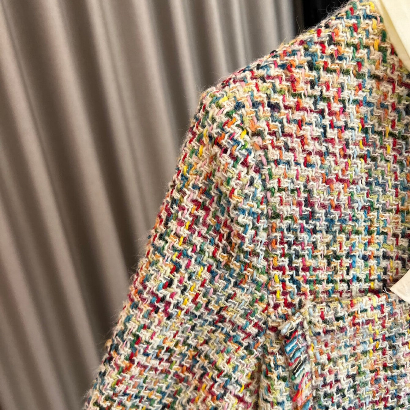 Colorful Woven Tweed Jacket Dress with Tie and Elegant Collar