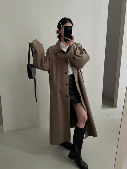 Chic Long Trench Coat with Waist Cinch for Autumn/Winter