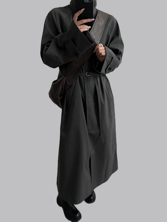 Chic Long Trench Coat with Waist Cinch for Autumn/Winter