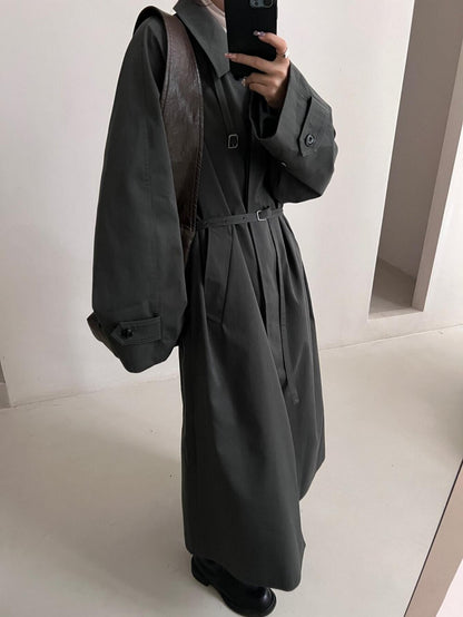 Chic Long Trench Coat with Waist Cinch for Autumn/Winter