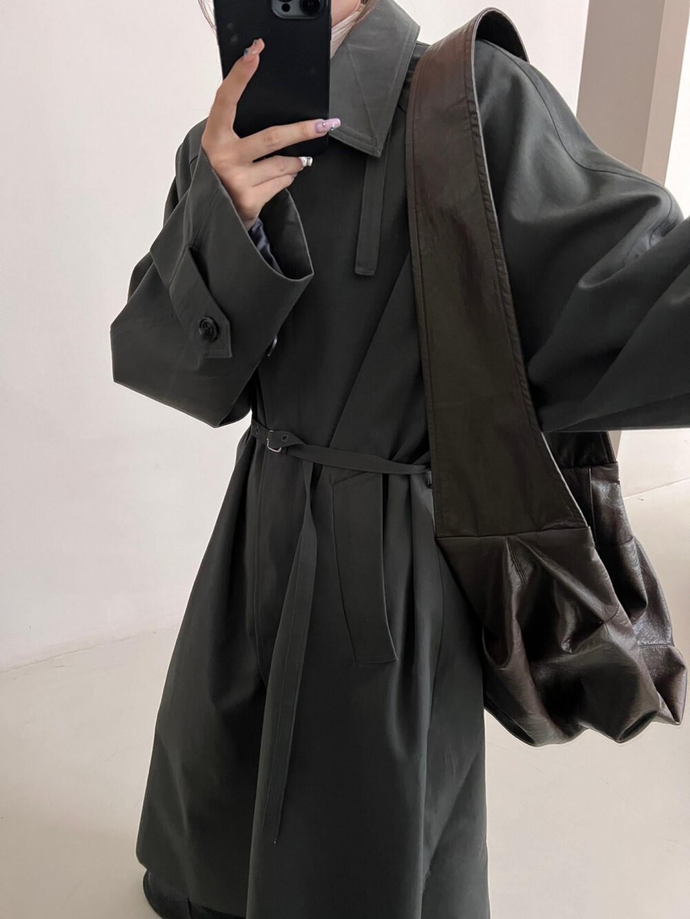 Chic Long Trench Coat with Waist Cinch for Autumn/Winter