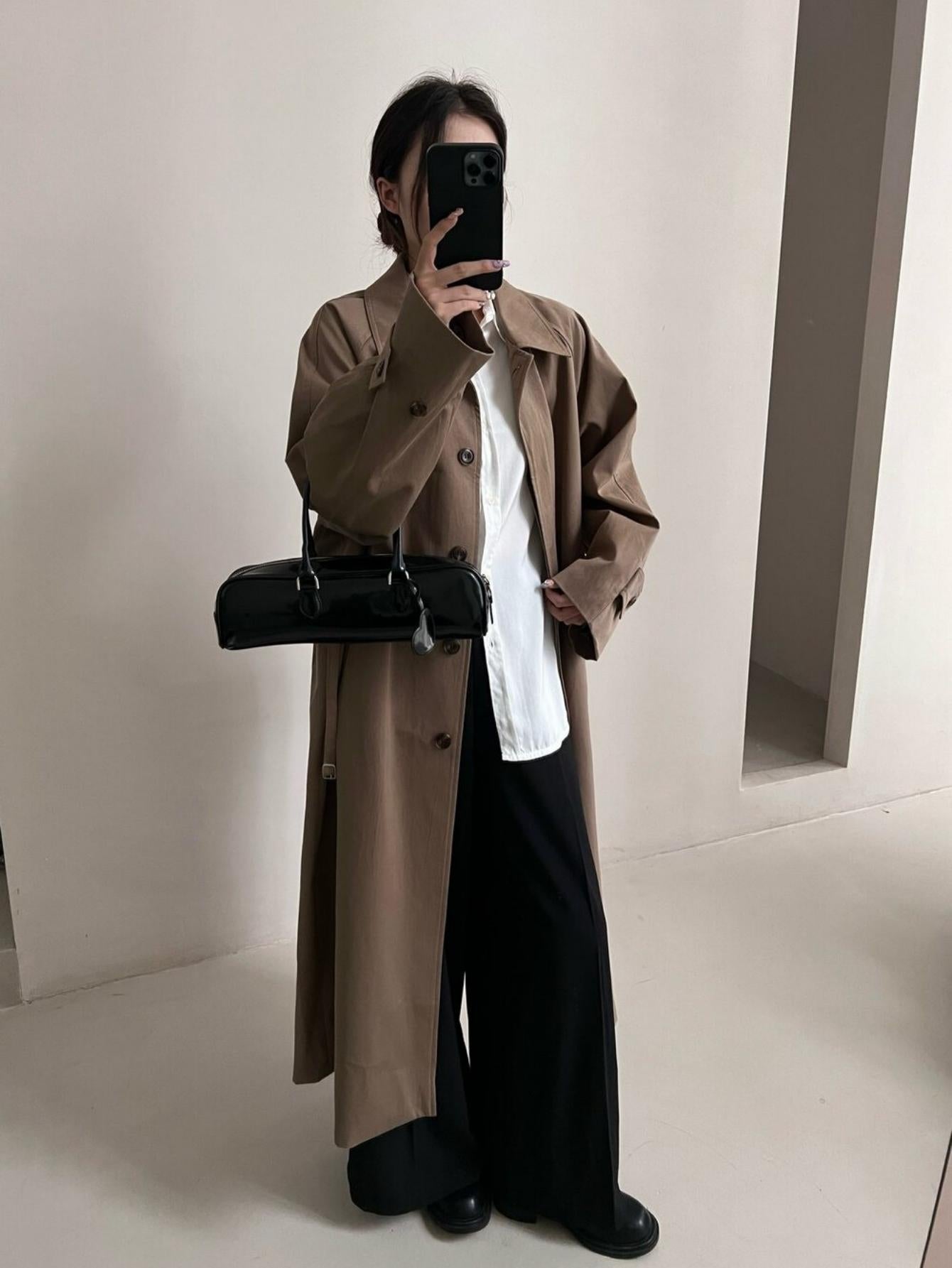 Chic Long Trench Coat with Waist Cinch for Autumn/Winter