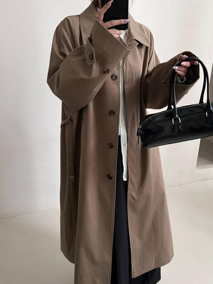 Chic Long Trench Coat with Waist Cinch for Autumn/Winter