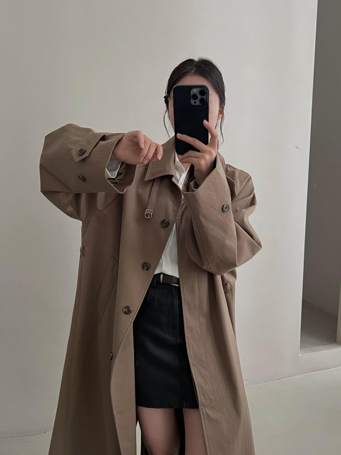 Chic Long Trench Coat with Waist Cinch for Autumn/Winter