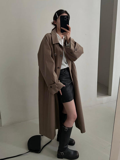 Chic Long Trench Coat with Waist Cinch for Autumn/Winter