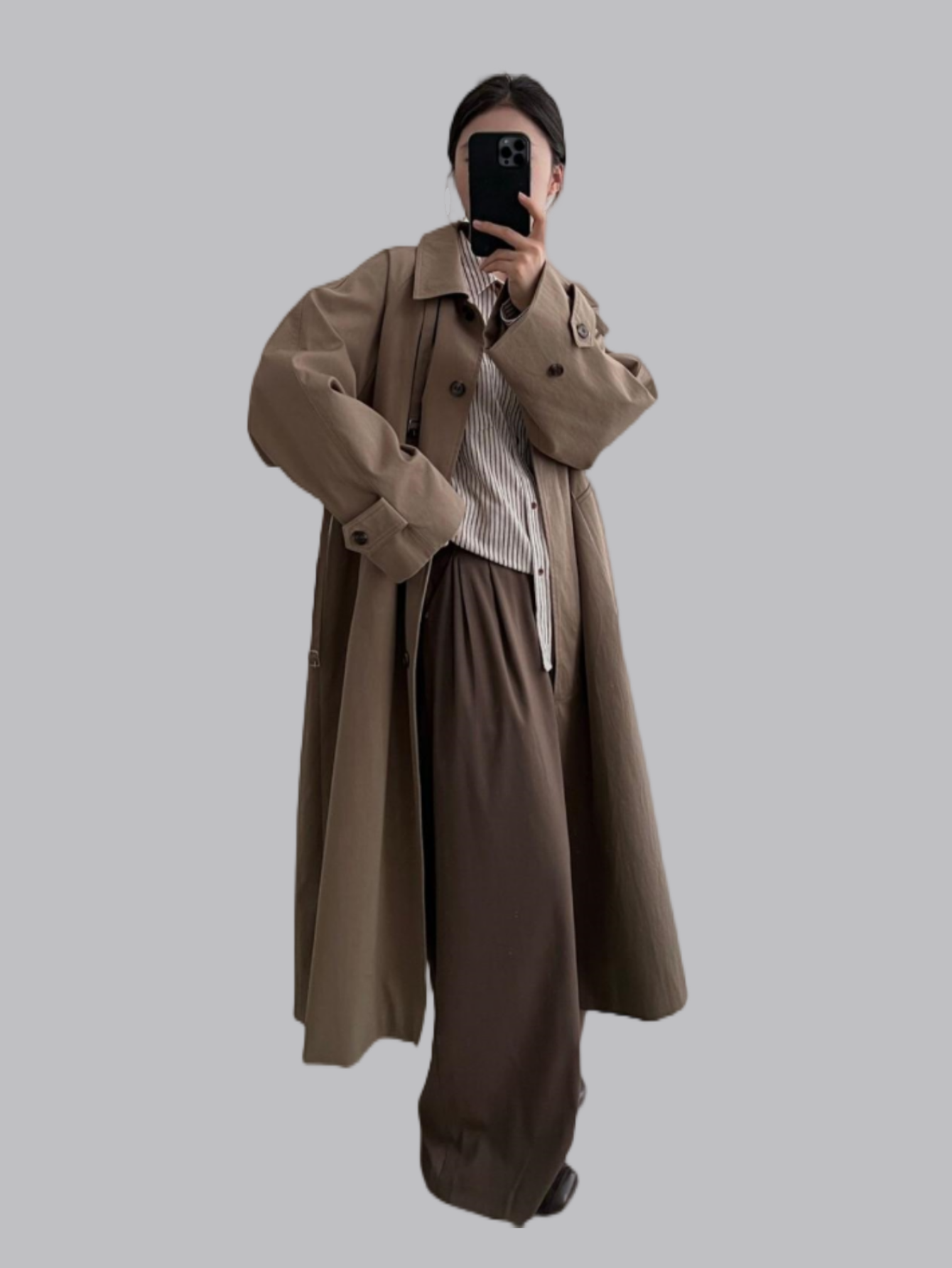 Chic Long Trench Coat with Waist Cinch for Autumn/Winter