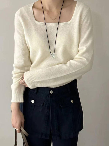 Square Neck Wool Knit Tops