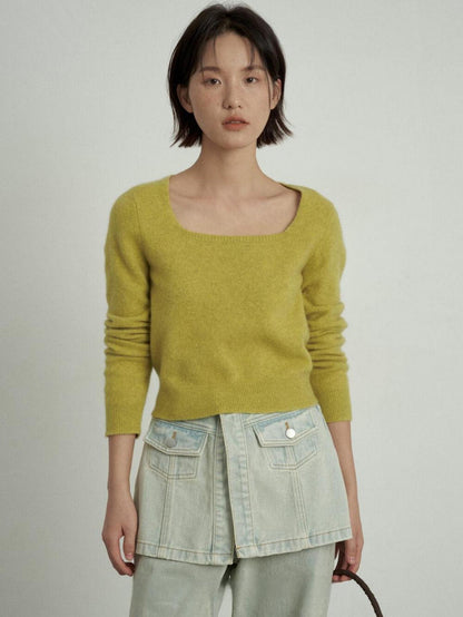 Square Neck Wool Knit Tops