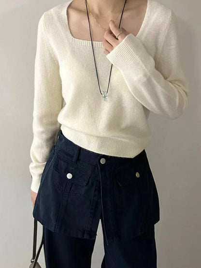 Square Neck Wool Knit Tops