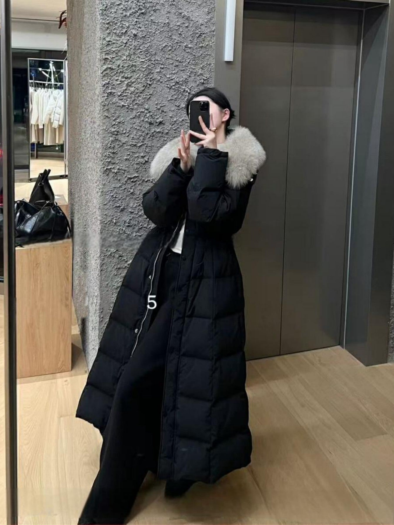 Long Down Jacket With Detachable Fur Collar