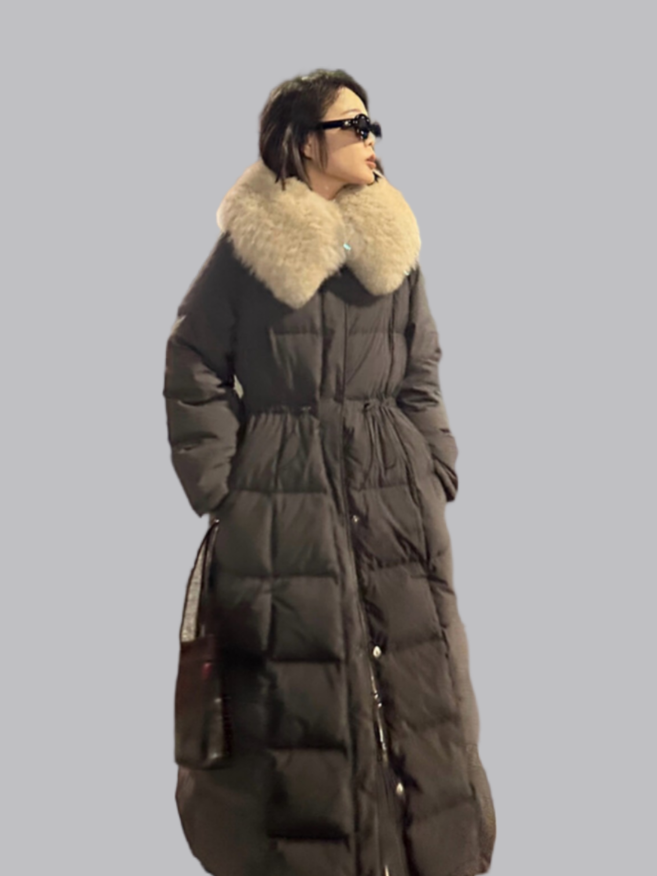 Long Down Jacket With Detachable Fur Collar