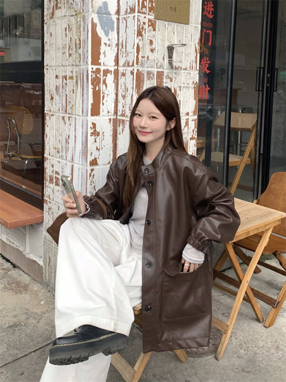 Retro Loose Coffee Color PU Leather Jacket