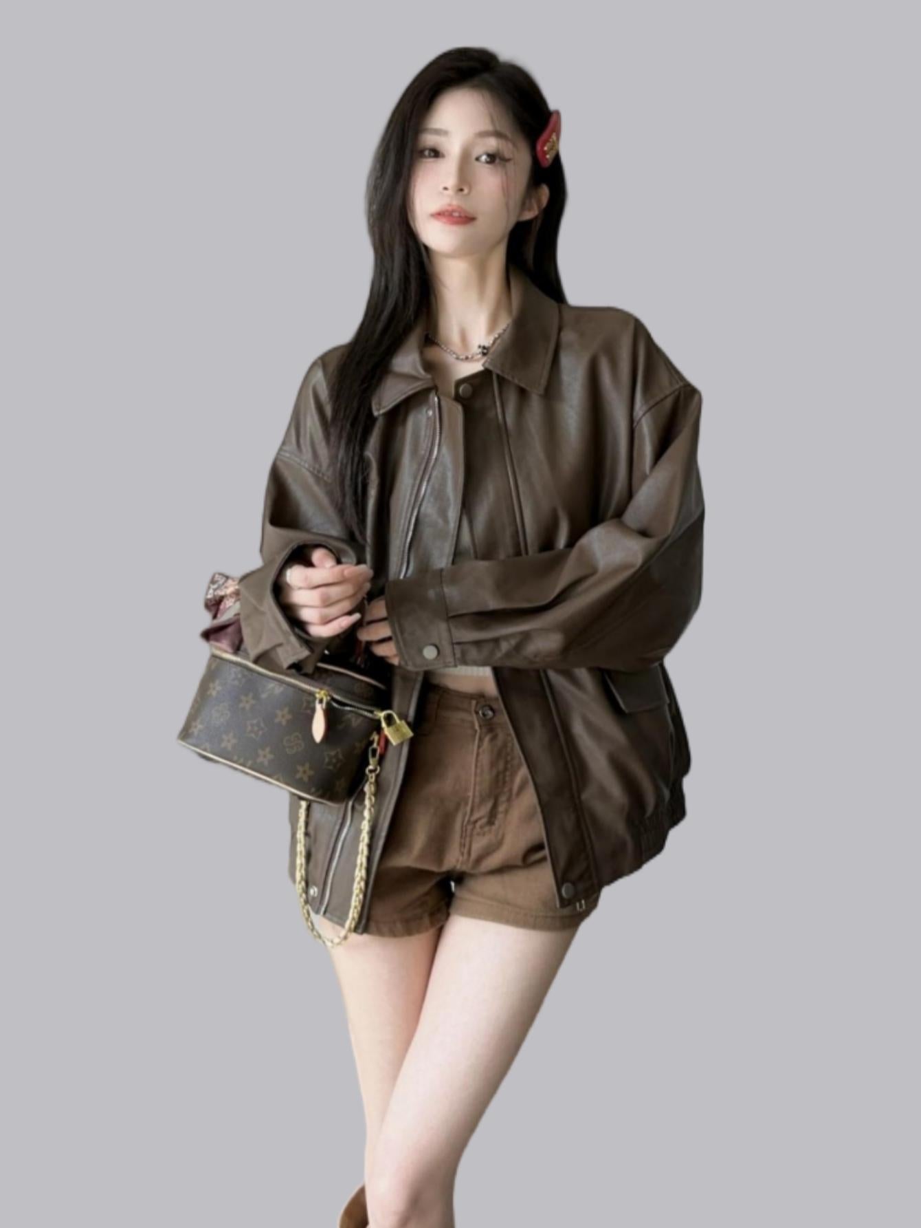 Retro Coffee Color PU Leather Jacket for Women