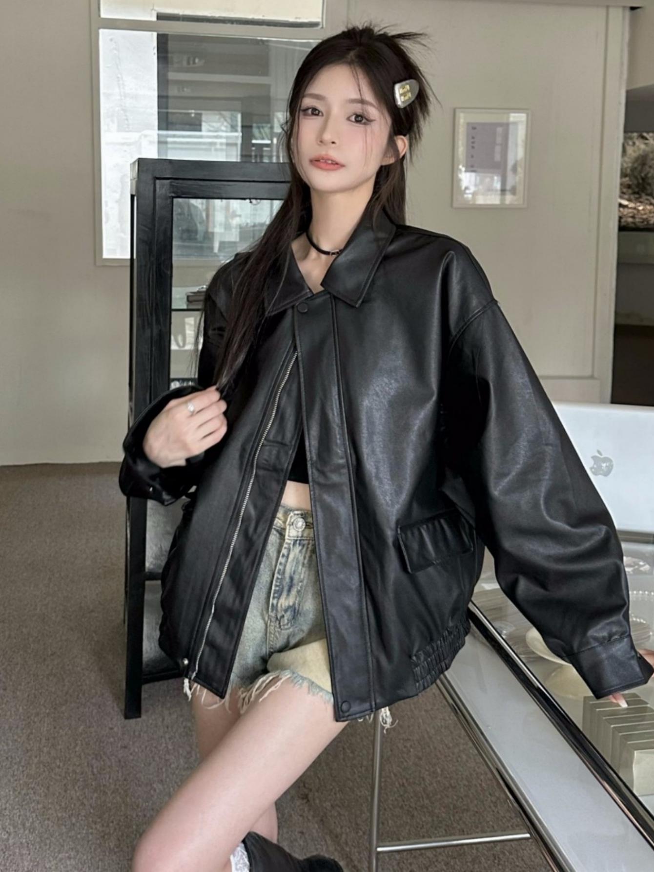 Retro Coffee Color PU Leather Jacket for Women