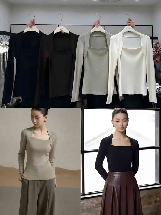 Elegant Slim Fit Knit Sweater | Off-Shoulder Layered Long-Sleeve Design - Eliraya