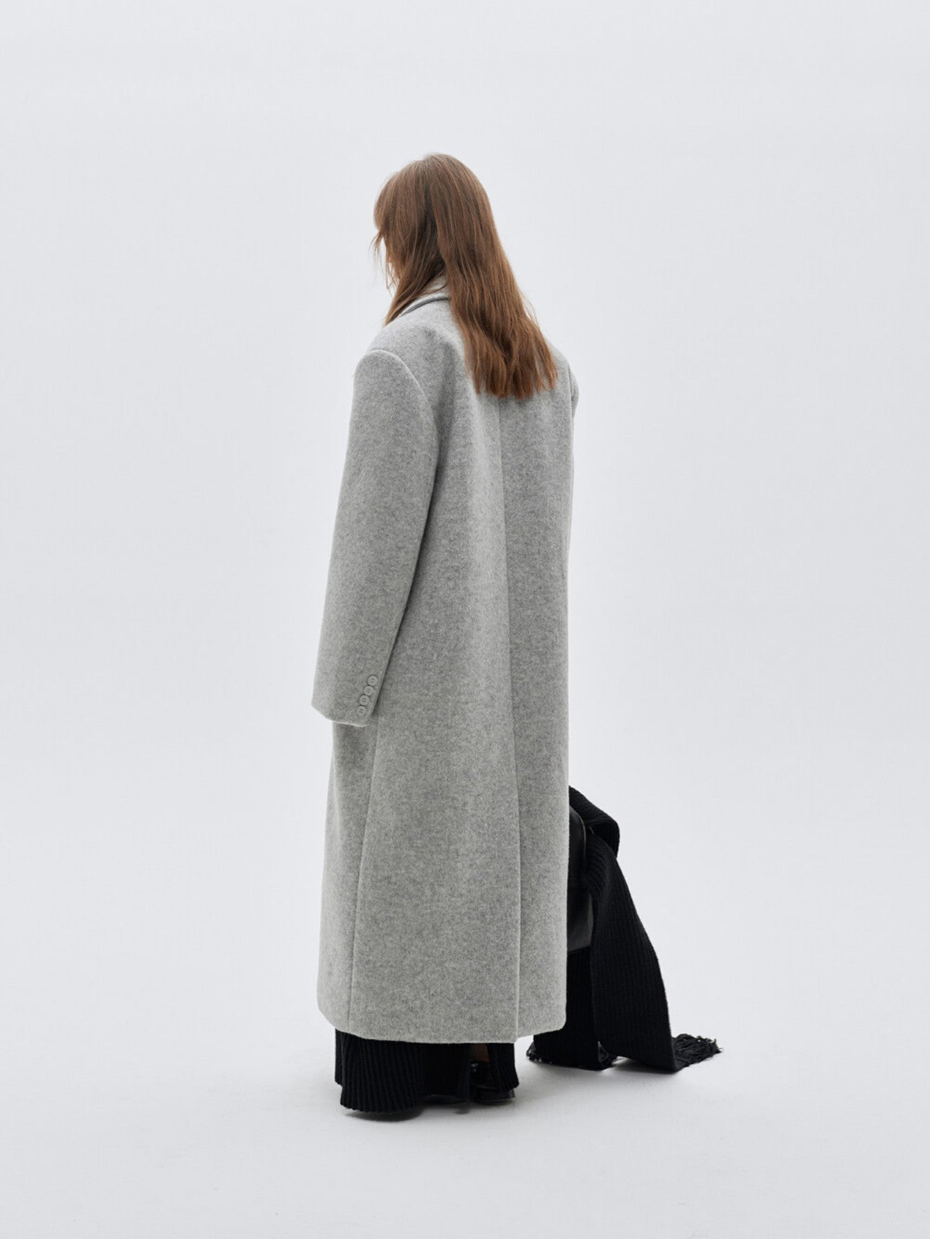 Eliraya double-breasted wool coat for women, featuring a gray long-line design for a classic, tailored winter overcoat look.