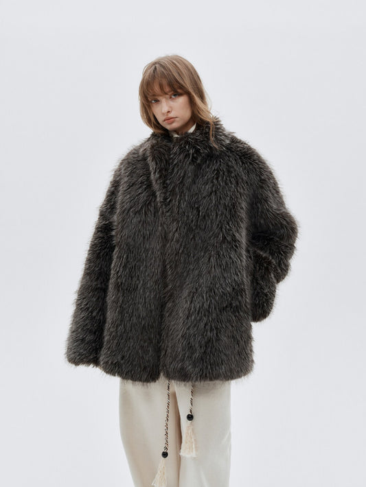 Eliraya faux fur short jacket for women, designed with a high-neck and red fox fur inspiration for a chic winter look.