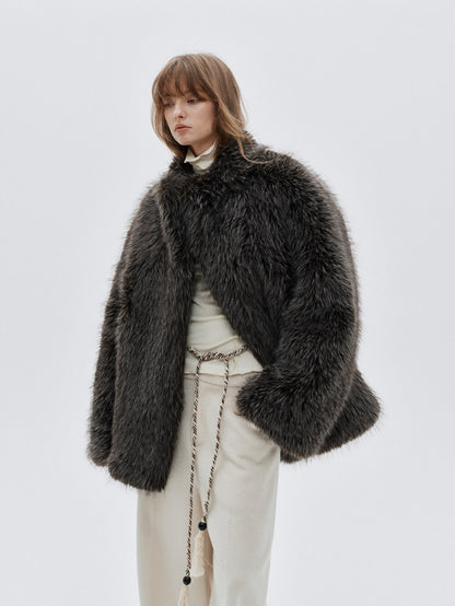 Eliraya faux fur short jacket for women, designed with a high-neck and red fox fur inspiration for a chic winter look.