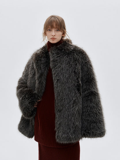 Eliraya faux fur short jacket for women, designed with a high-neck and red fox fur inspiration for a chic winter look.