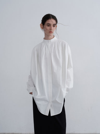 Eliraya pleated white blouse for women, featuring a draped collar and loose fit for an elegant French-style autumn look.