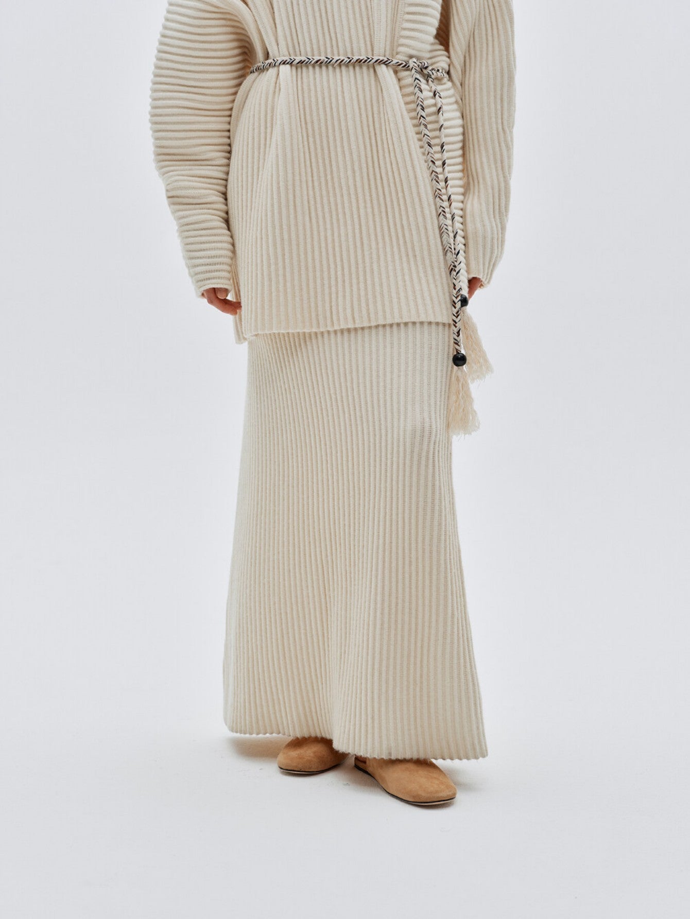 Eliraya ribbed knit maxi skirt for women, designed for winter with a straight-line fit, perfect for Christmas and stylish layering.