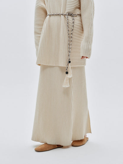 Eliraya ribbed knit maxi skirt for women, designed for winter with a straight-line fit, perfect for Christmas and stylish layering.