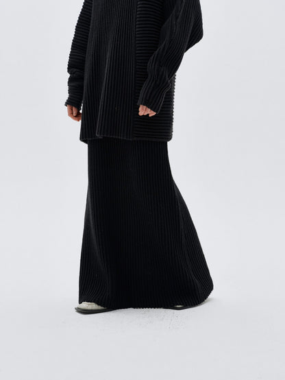 Eliraya ribbed knit maxi skirt for women, designed for winter with a straight-line fit, perfect for Christmas and stylish layering.