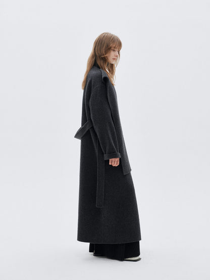 Eliraya wool scarf coat for women, designed with a double-sided wool fabric and a belt, perfect for winter warmth and elegant styling.