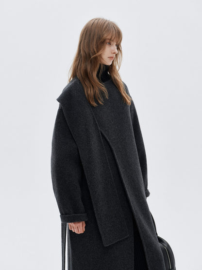 Eliraya wool scarf coat for women, designed with a double-sided wool fabric and a belt, perfect for winter warmth and elegant styling.